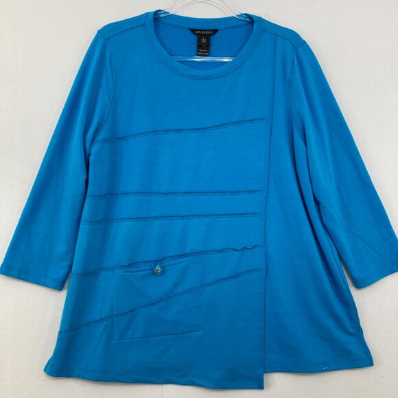 Erin London Large Blue Tiered Detail Asymmetric 3/4 Sleeve Knit Stretch Top - Picture 1 of 9